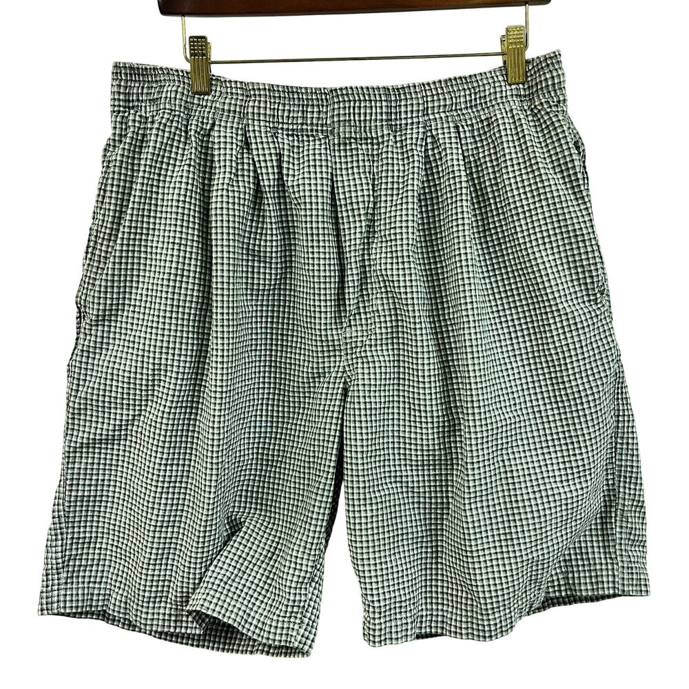 Vintage men's Santana Blue 36/38 cotton plaid shorts 10 in inseam gray black